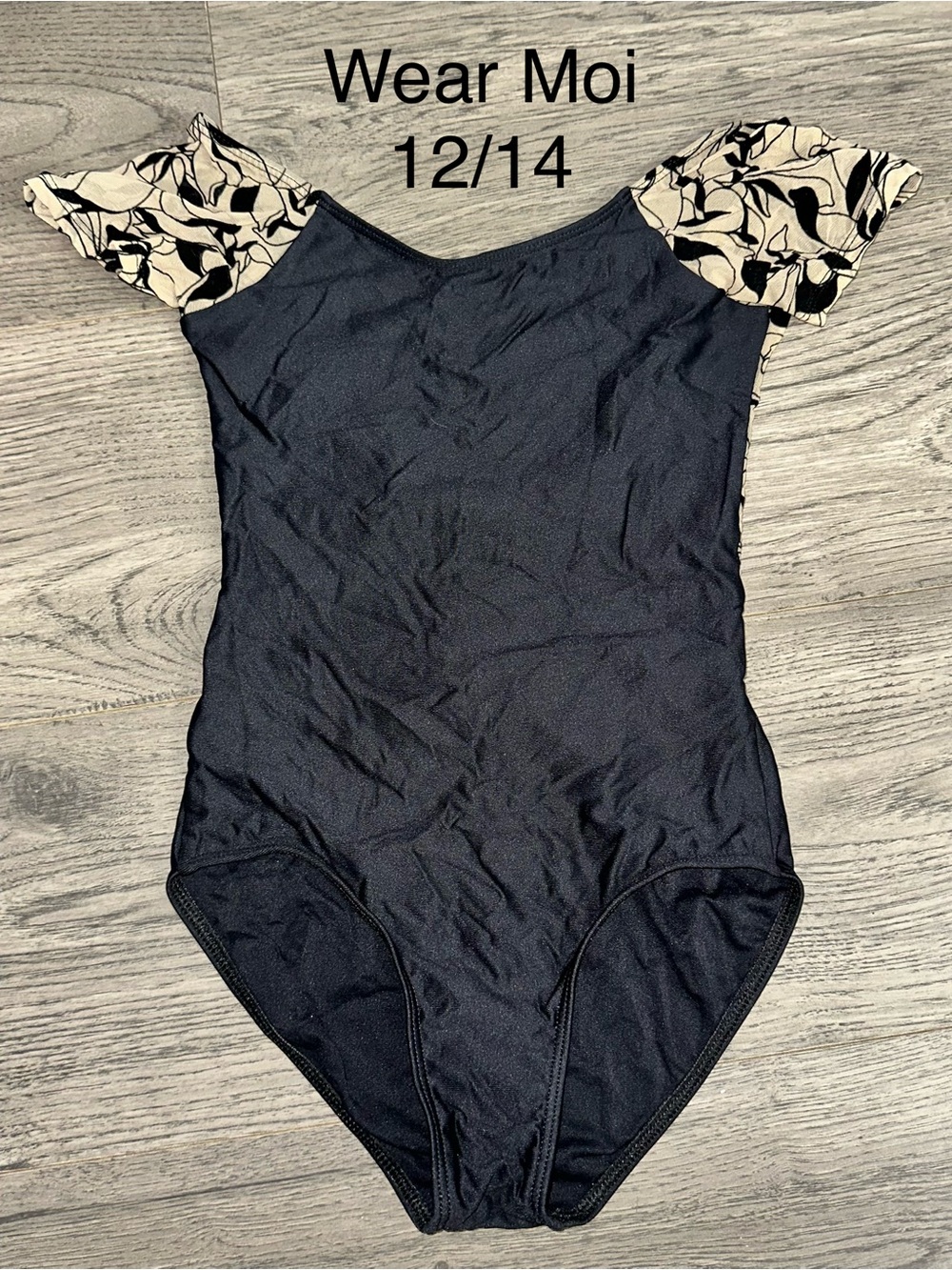 Wear Moi Black Dance Leotard with Patterned Cap Sleeves